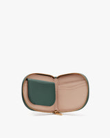 Open zippered wallet with card slots and coin pouch.