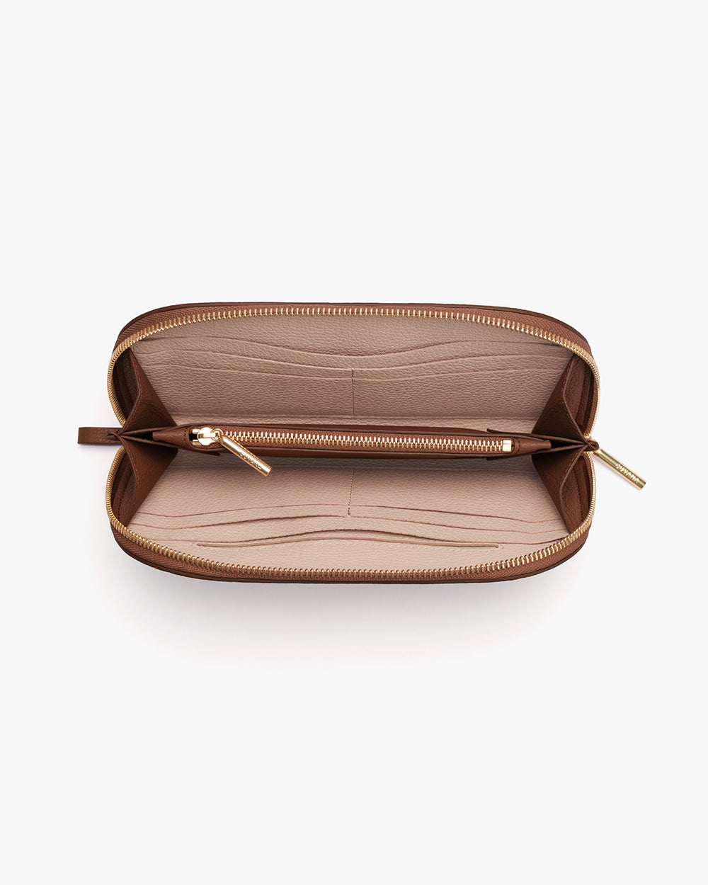 Duo Zip Wallet Open zippered wallet with multiple card slots and compartments.