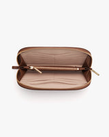 Open zippered wallet with multiple card slots and compartments.