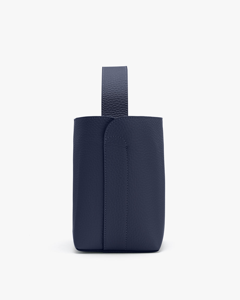 Vertical view of a pouch with a handle on top.