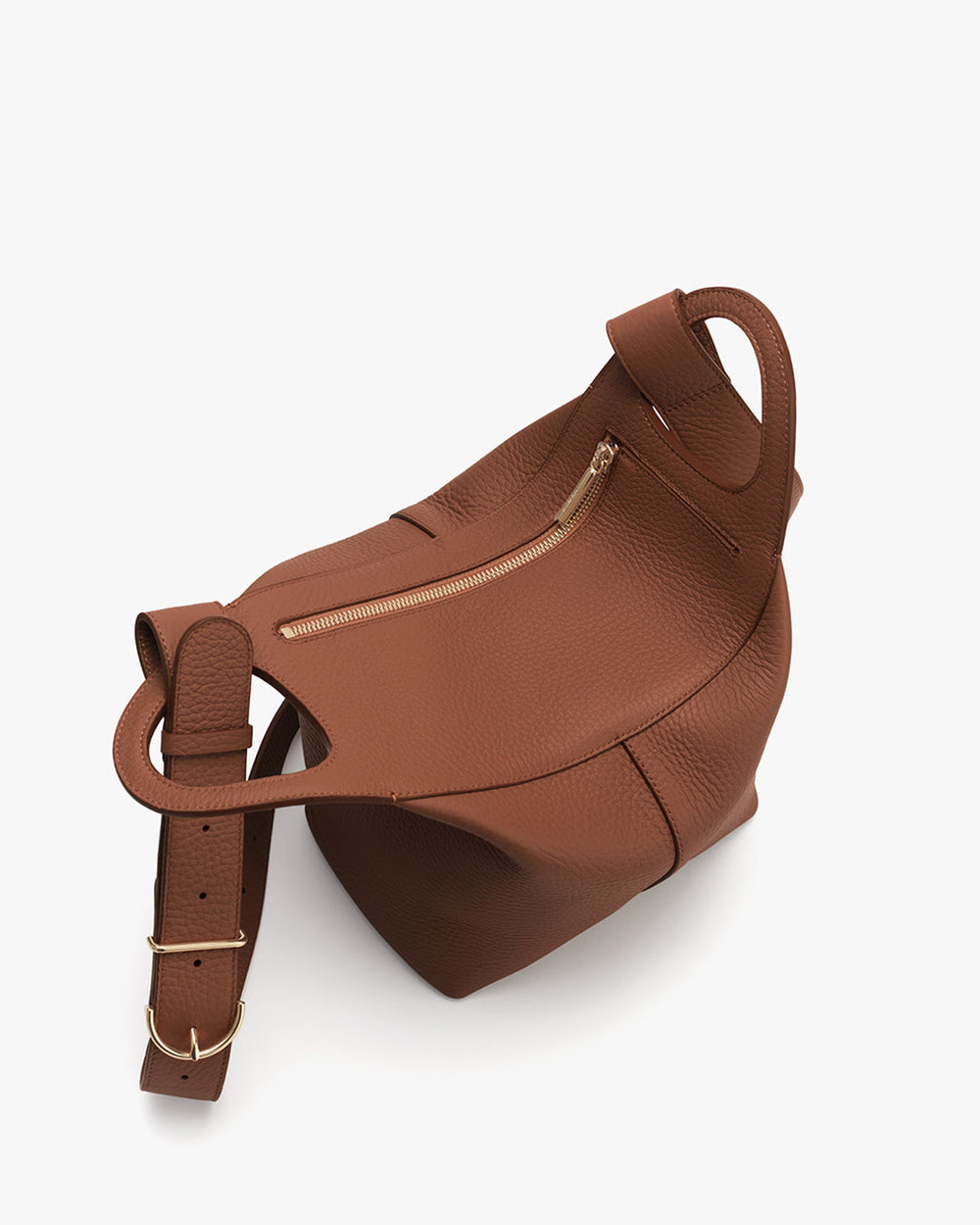 A structured shoulder bag with a zip closure and adjustable strap.