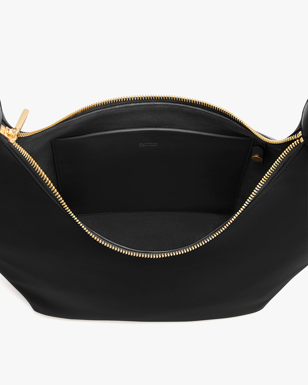 Open handbag with zippered opening and a visible interior pocket.