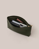 Open pouch with phone, wallets, and glasses case inside.