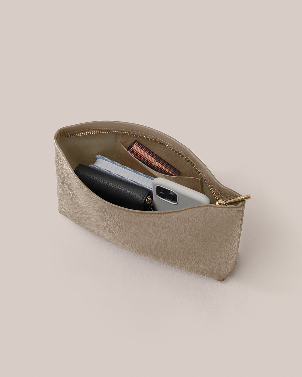 Small Zipper Pouch Open pouch with phone, wallet, and other small items inside