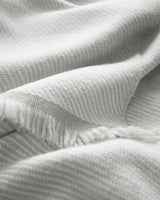 Close-up of a soft textured blanket with fringed edges.