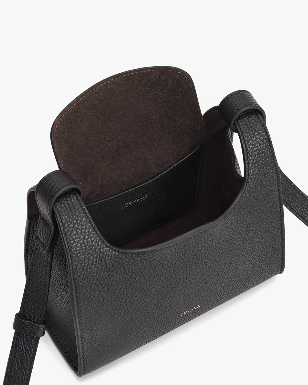 Open handbag with visible interior and two handles.