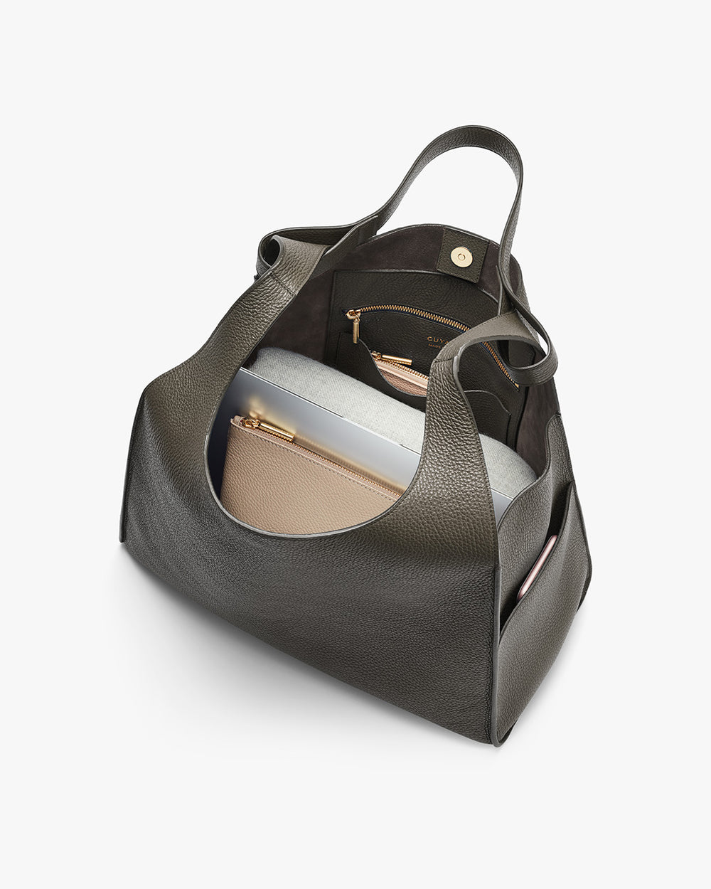 Oversized Double Loop Bag Open handbag with visible contents including a wallet and a notebook.