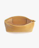 Small leather pouch with a zipper closure on a plain background.