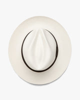 Wide-brimmed hat with a black band around the crown, viewed from above.