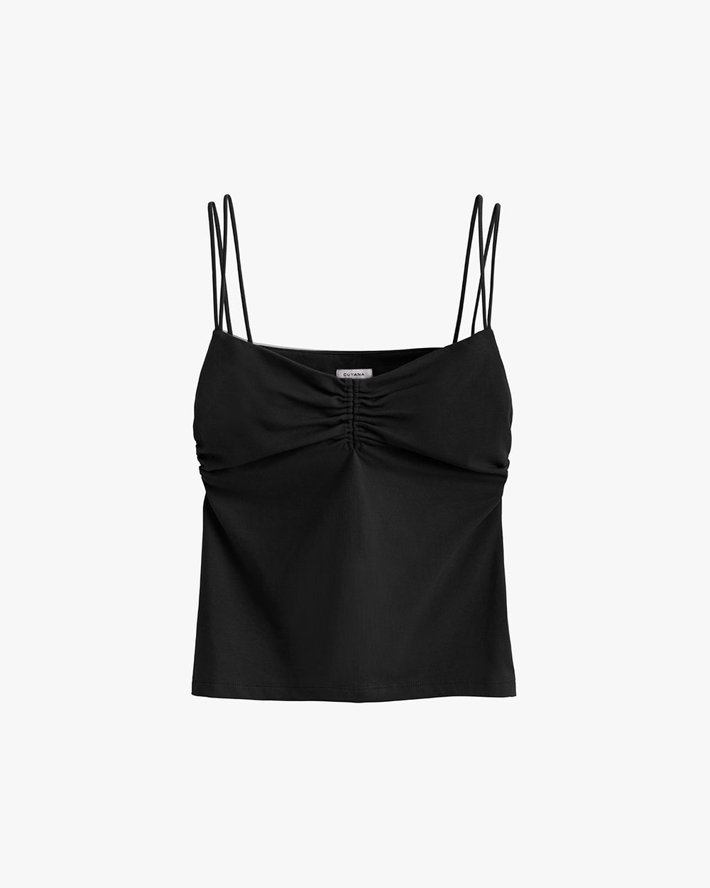 Camisole top with thin straps and gathered detail at the chest.