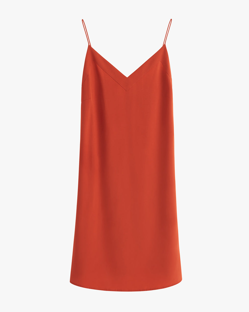 Sleeveless dress with V-neckline and thin straps, displayed on plain background.