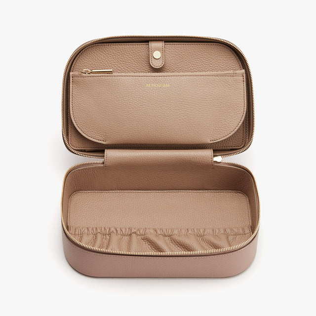 Open jewelry case with compartments and zipper closure