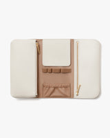 Wallet with multiple compartments and zippers open on a flat surface.