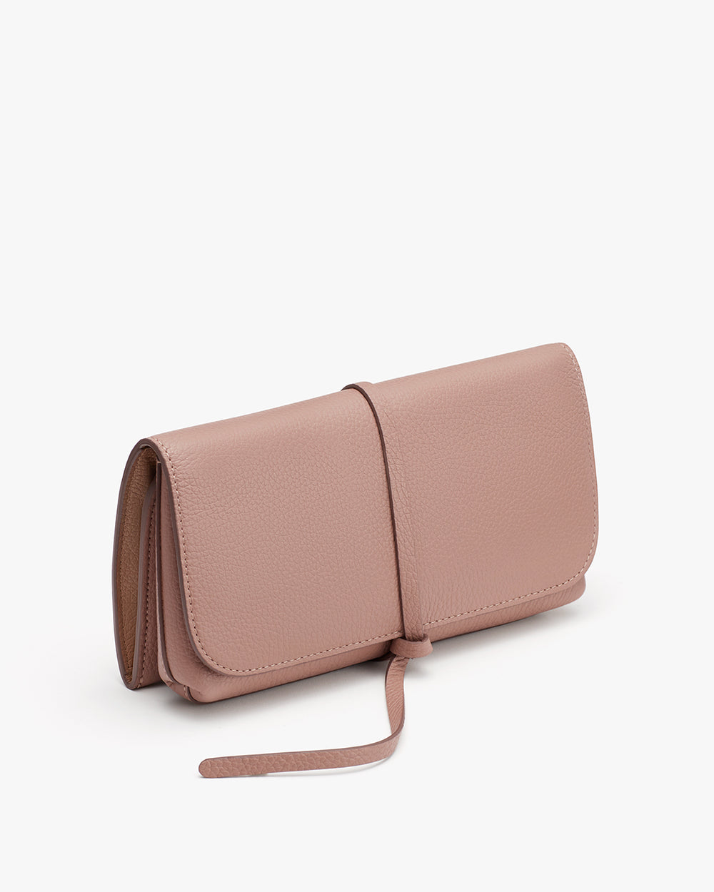Small handbag with a strap on a plain background.