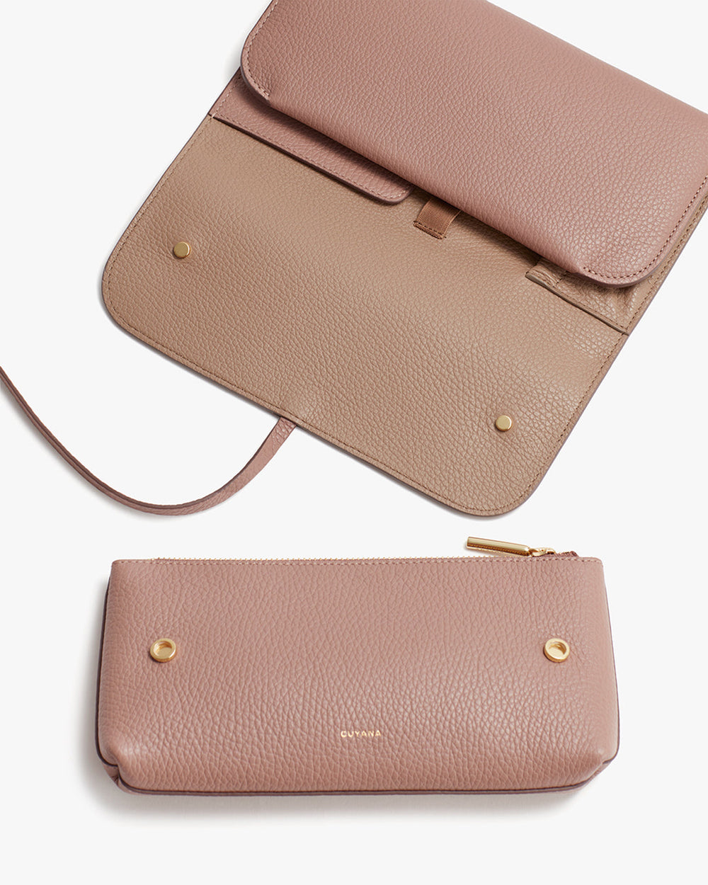 Travel Beauty Roll Two purses arranged vertically with one larger than the other.