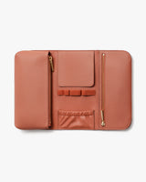 Open wallet with various compartments and zippers