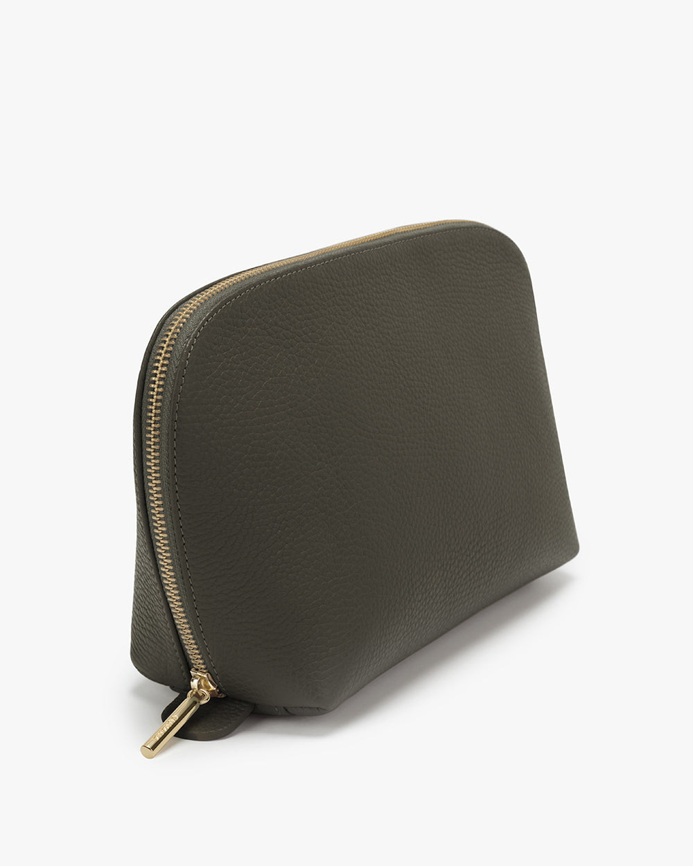 Zippered pouch standing upright on a plain background.