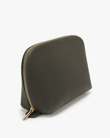 Zippered pouch standing upright on a plain background.