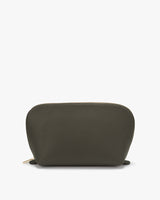 Small zippered pouch standing against a plain background.