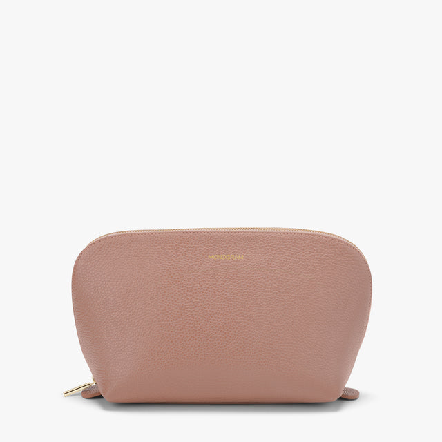 Cosmetic bag with zipper on a plain background.
