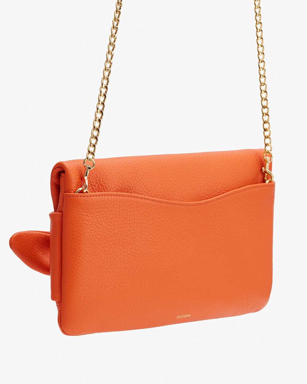 Bow Clutch A handbag with a chain strap, pocket, and bow detail.