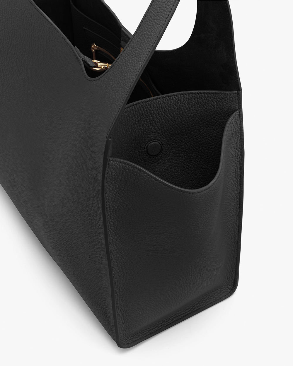 Open handbag with visible interior and a side pocket.