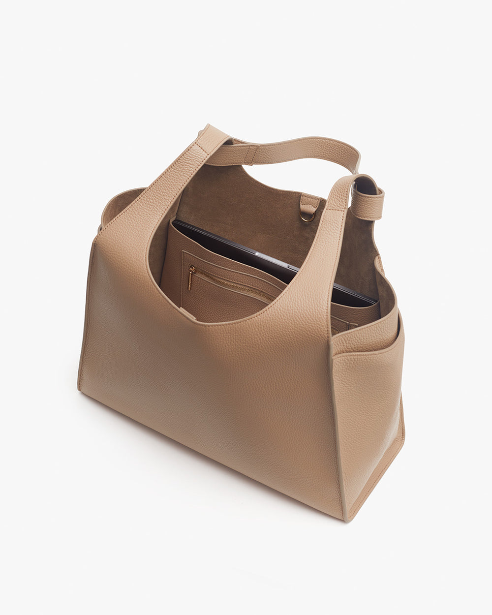 Double Loop Satchel Handbag with open top and internal pockets, isolated on a white background.