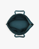 Top view of an open travel bag showing internal compartments and handles.
