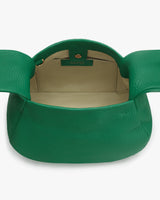 Open top view of a spacious, round-shaped handbag.