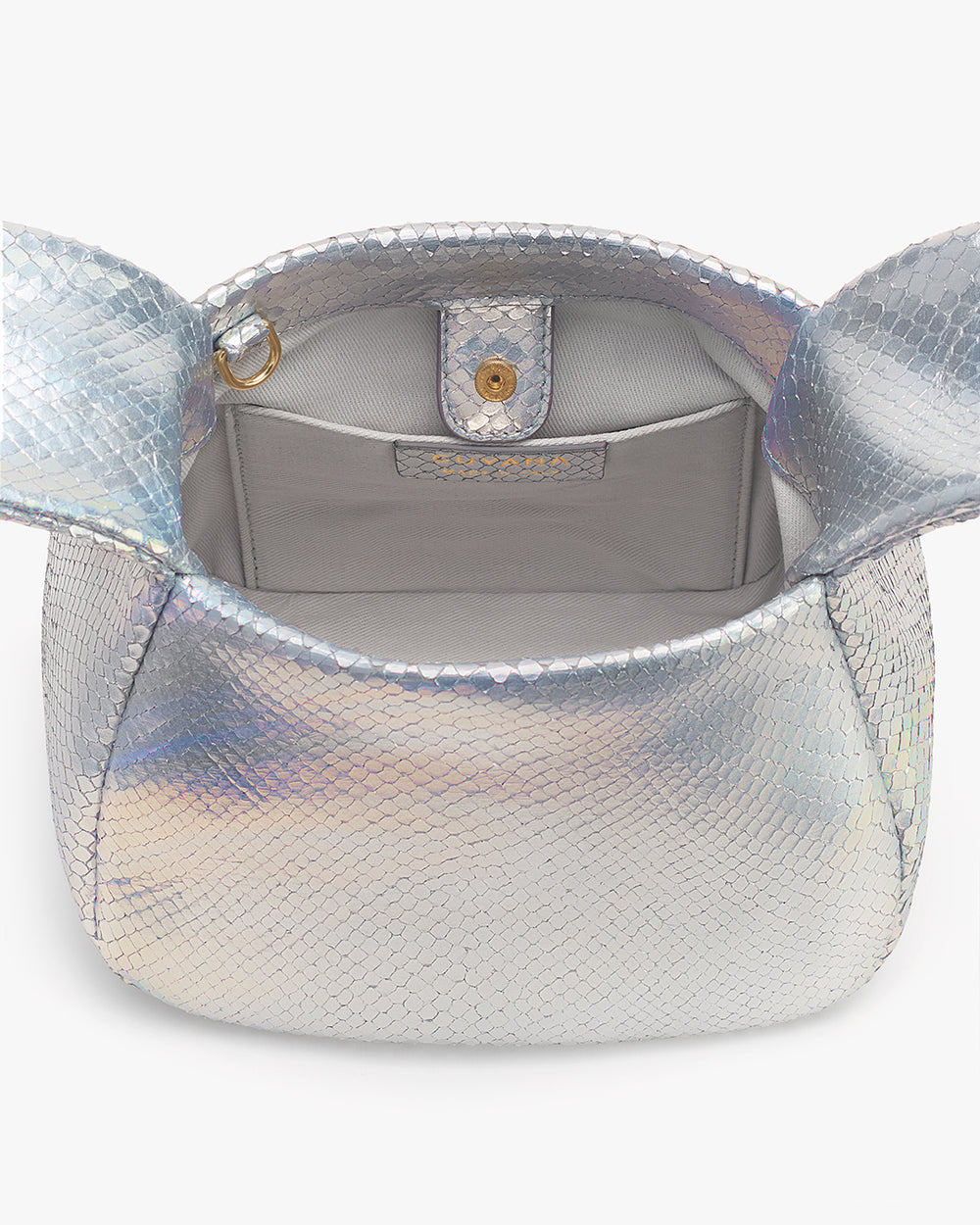 Mini Bow Bag (Snake) Open handbag with snake-embossed leather and empty interior compartment