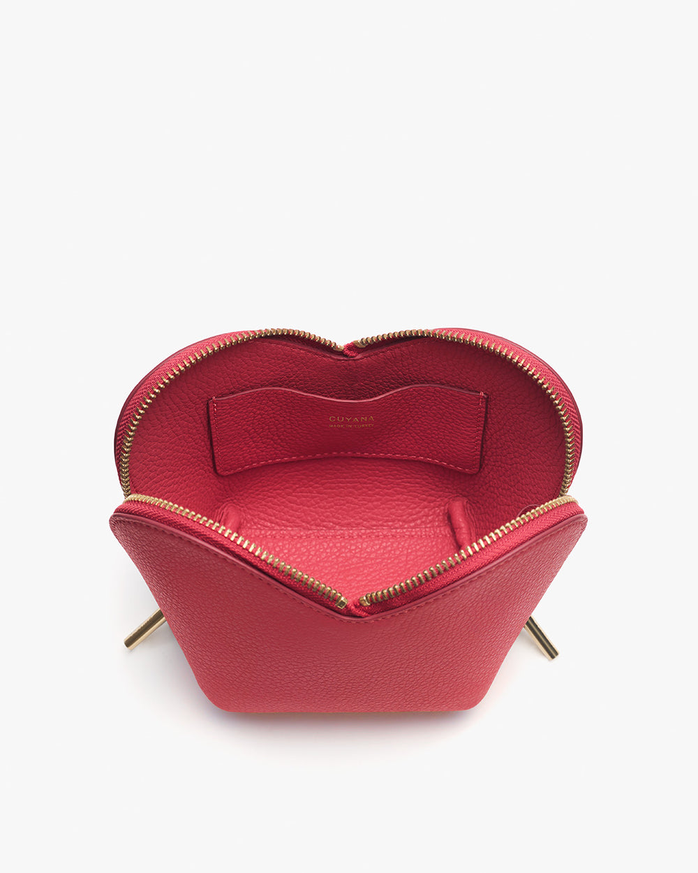 Open heart-shaped pouch viewed from the top showing interior and zipper.