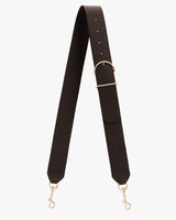 Bag strap with two metal clasps and adjustable buckle.