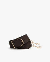 Leather strap with metal buckle and clasps shown on a plain background.