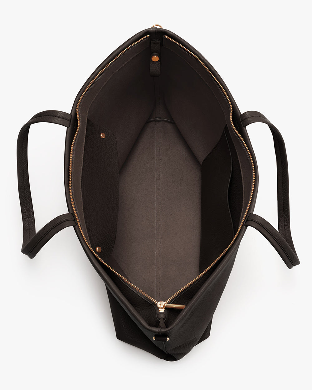 Open tote bag with two handles and a zipper pocket inside.