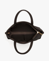 Top view of an open handbag with visible zipper and handles.