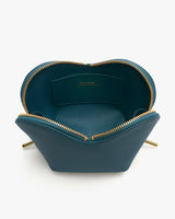 Small open pouch with gold zipper and branded interior pocket.