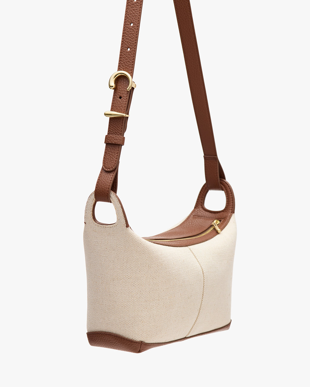 Mini Paloma Bag (Linen) Shoulder bag with a buckle on its adjustable strap and a small zipper on the top.
