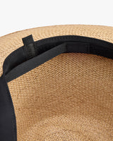 Interior view of a woven hat with a black band.