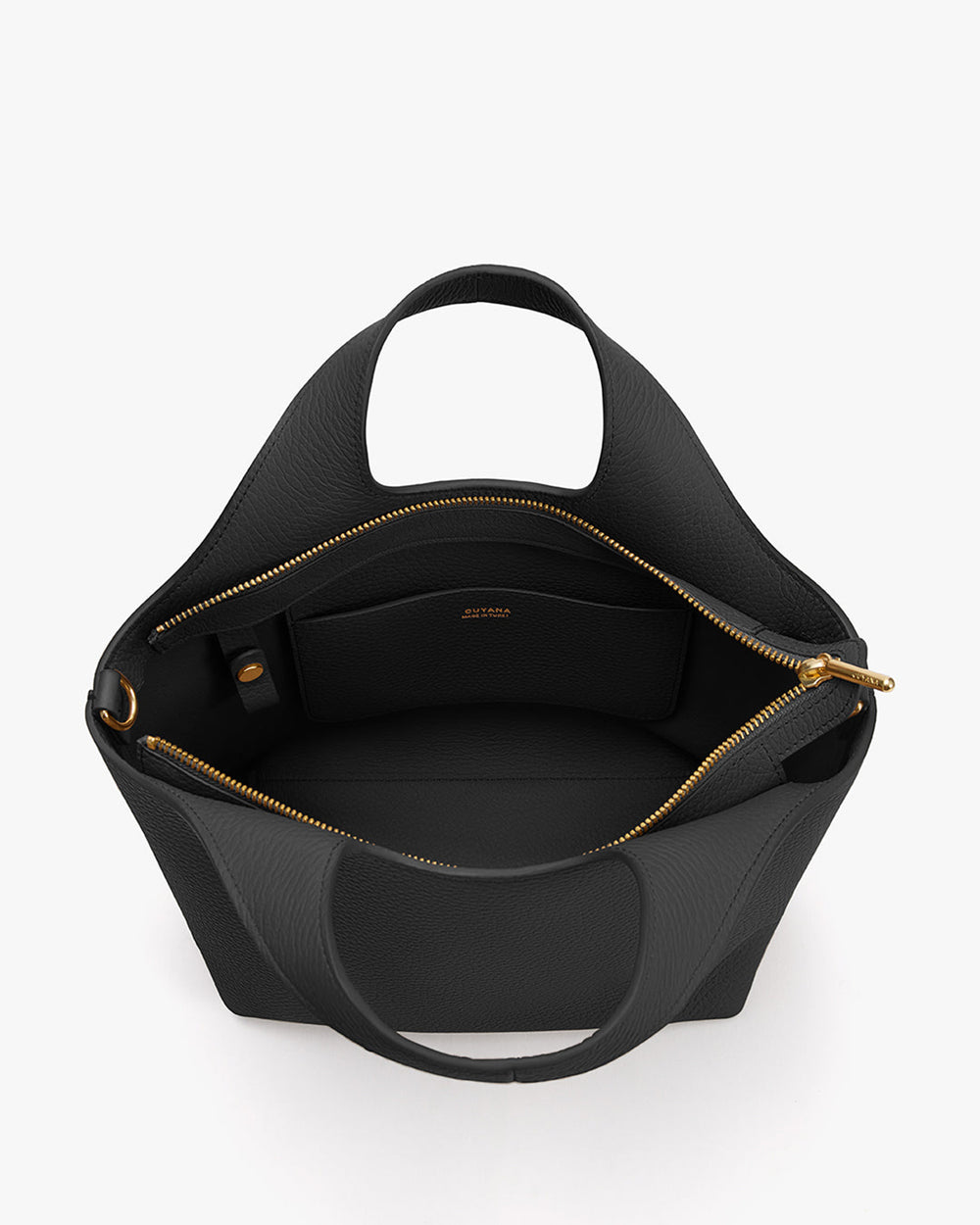 Open handbag with interior pocket and zip closure