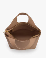 Open tote bag with two handles and a zipper.