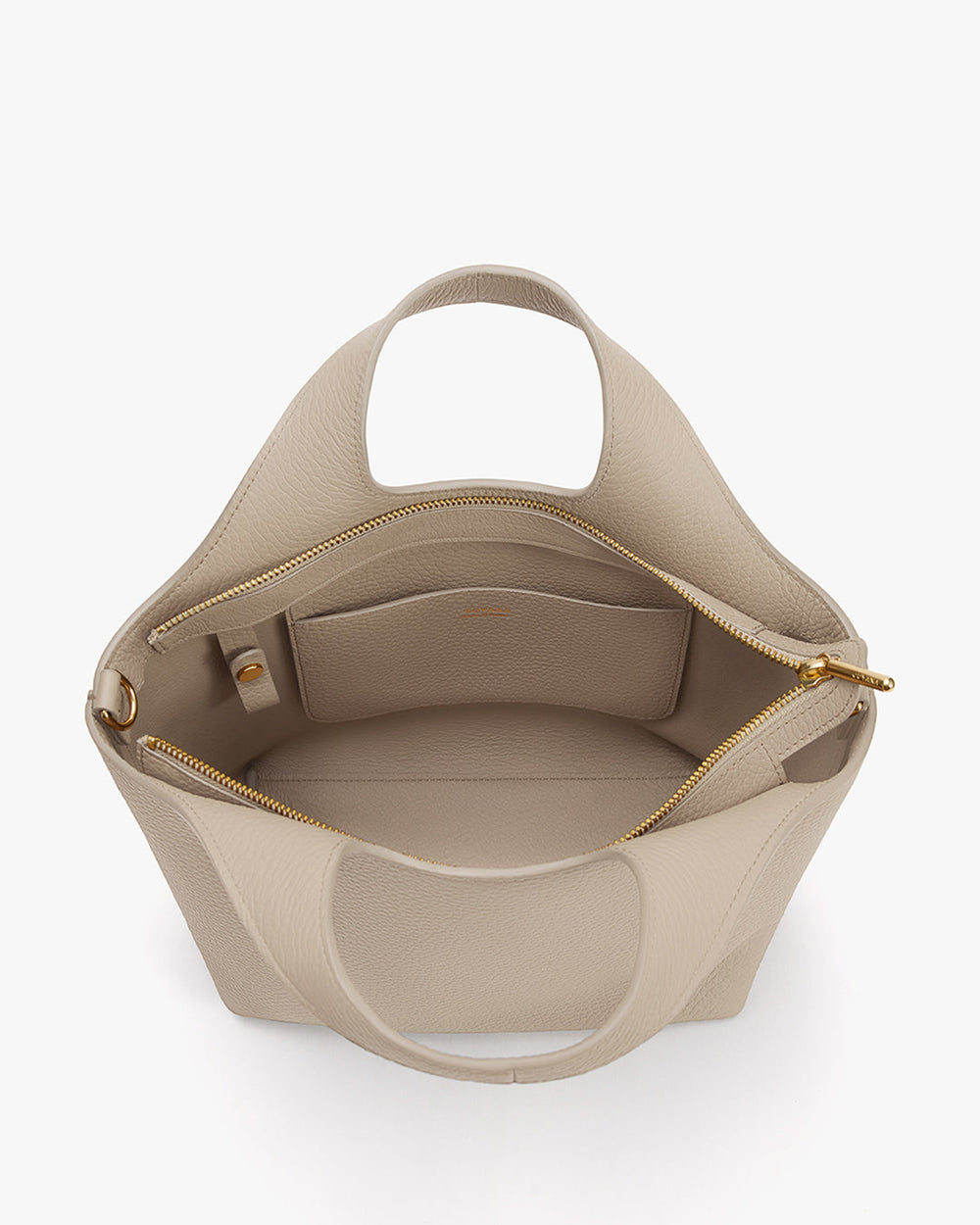 Open handbag with wide handles and zippered pouch inside