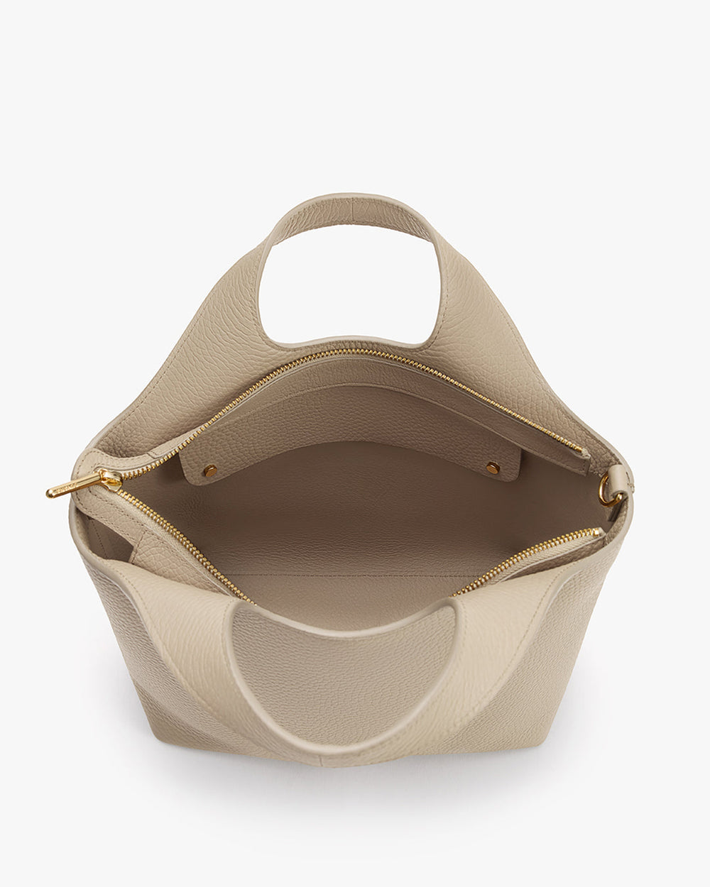 Open handbag with a zipper and interior pocket visible.