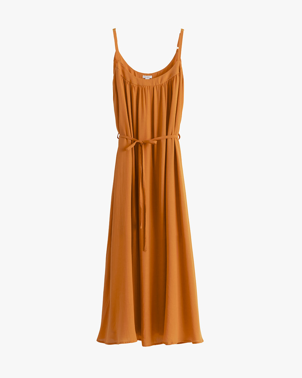 Sleeveless dress with thin straps and a tied waist.