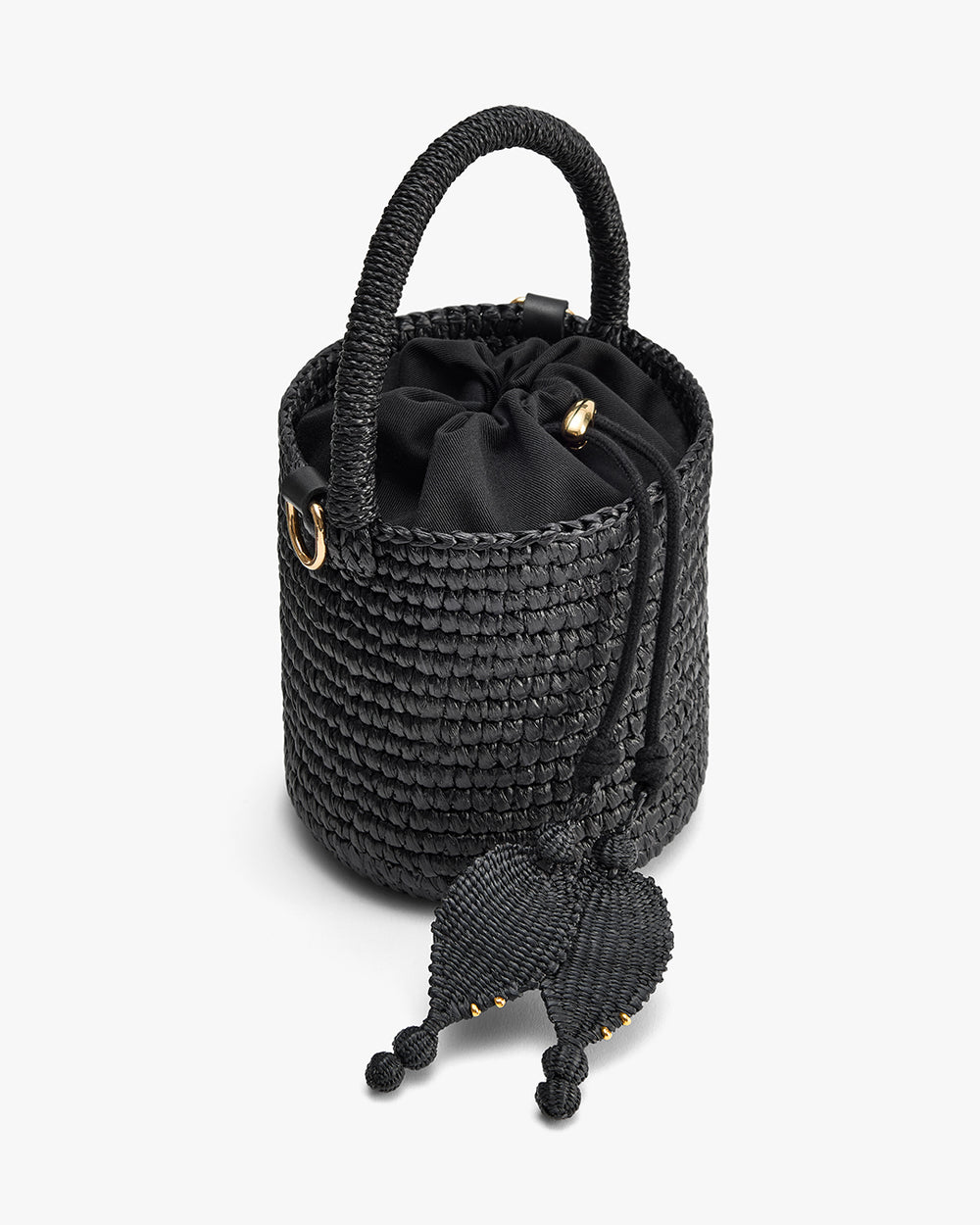 Woven bucket bag with drawstring closure and braided handle.