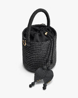 Woven bucket bag with drawstring closure and braided handle.