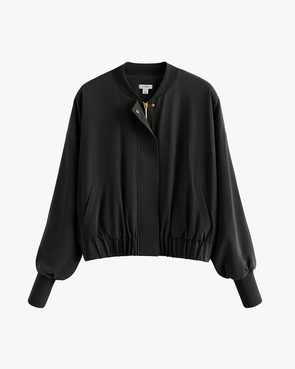 Bomber jacket with ribbed cuffs and snap buttons.