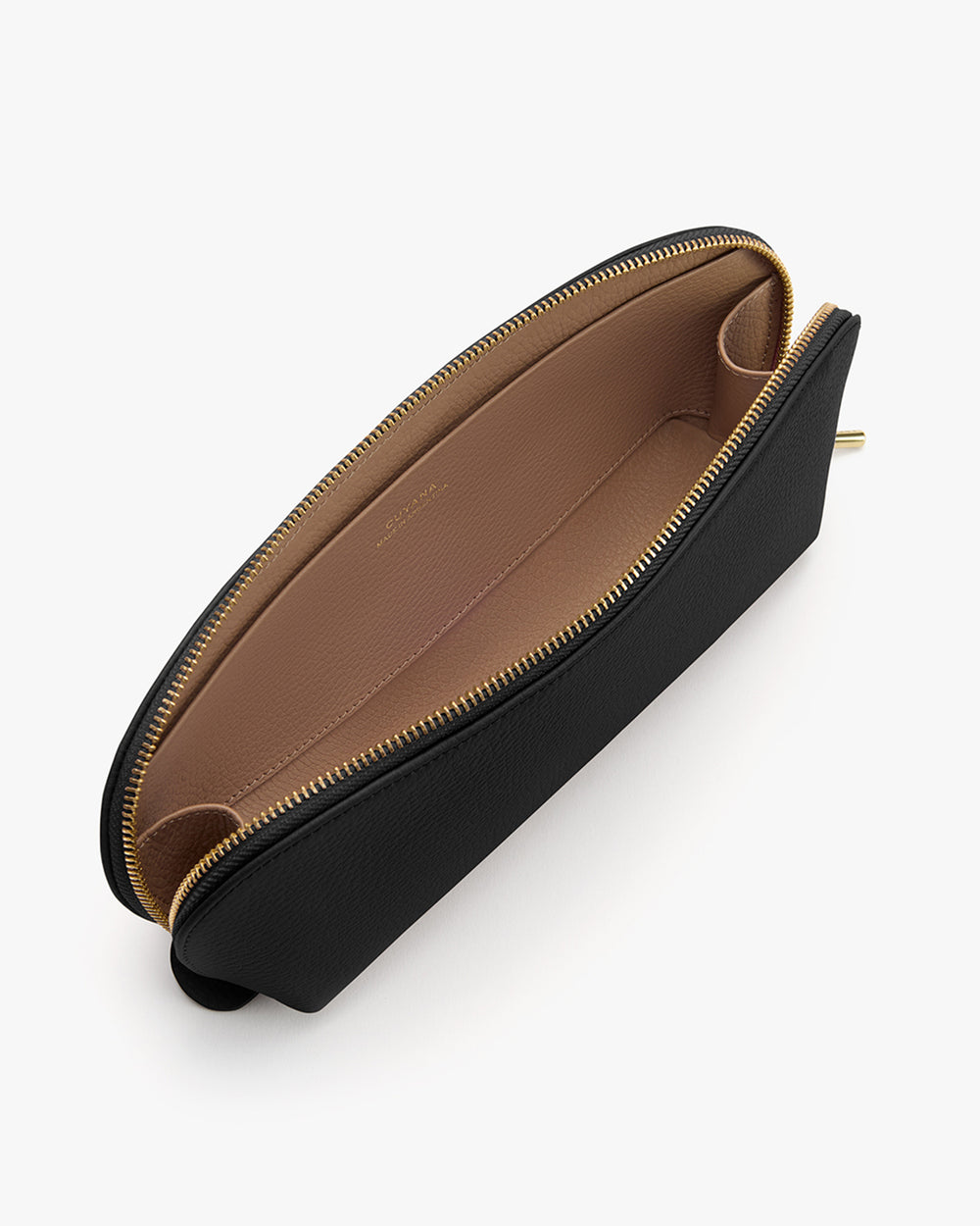 Open makeup pouch with zipper and smooth interior.