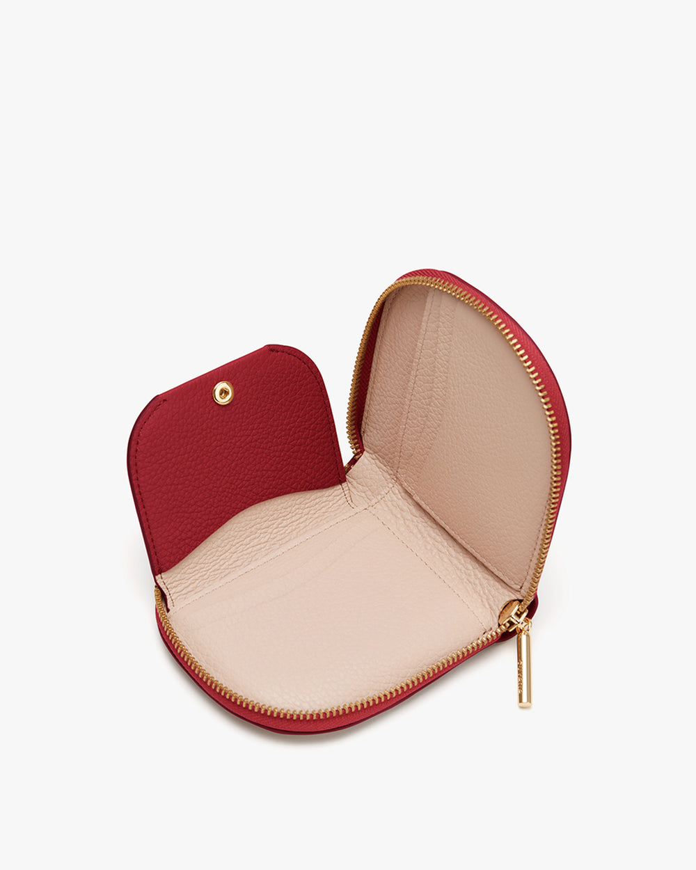 Duo Small Zip Wallet Open wallet with a zipper and snap button flap.