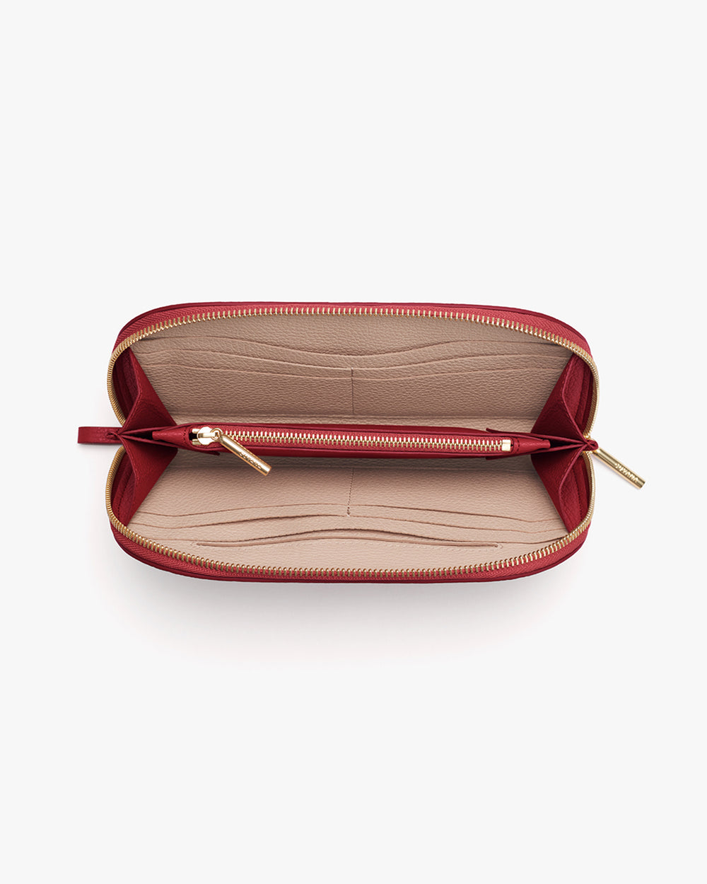 Duo Zip Wallet Open wallet with card slots and central zippered compartment.