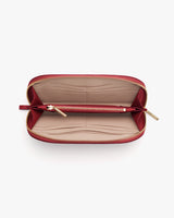 Open wallet with card slots and central zippered compartment.